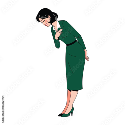 Polite Bowing Lady: A graceful lady in elegant dress offers a respectful bow with a serene smile, personifying politeness and courtesy in this vivid depiction.
