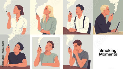 Stylized illustration of diverse individuals vaping in separate panels, exhaling vapor with expressive poses and “Smoking Moments” theme