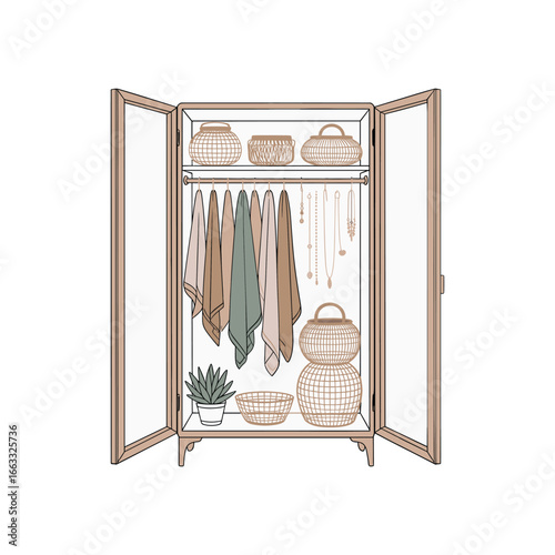 Open wardrobe closet filled with clothes and accessories organized storage solutions white background