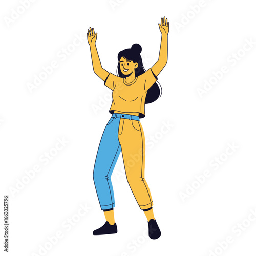 Joyful Ascent: An animated illustration depicts a young woman embracing a feeling of joy, as she raises her arms in a celebratory gesture, radiating positivity and happiness.