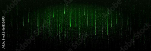 Green Binary Code Falling Digital Rain On Black Background. Futuristic Cyber Matrix Style Concept For Technology, Hacking, And Programming Themes. Vector Illustration