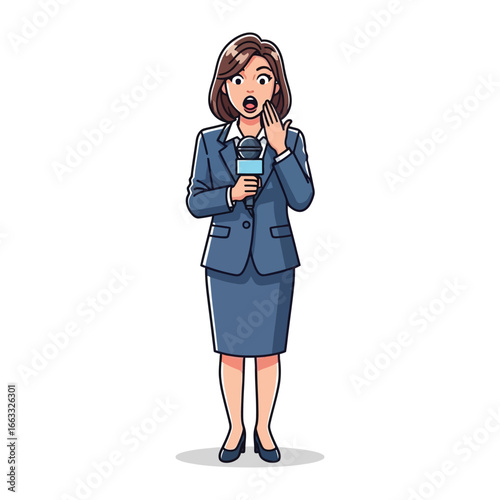 Breaking News Shock: A female reporter, stands poised with a microphone, her expression a mix of surprise and urgency, likely capturing the pivotal moment of live news.