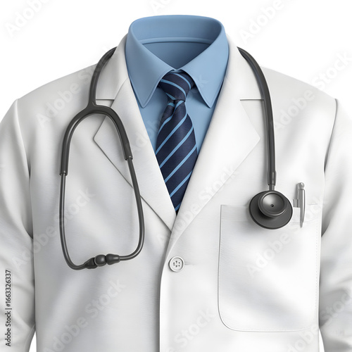Professional doctor in white coat with stethoscope and tie, ready for patient care and medical consultations.