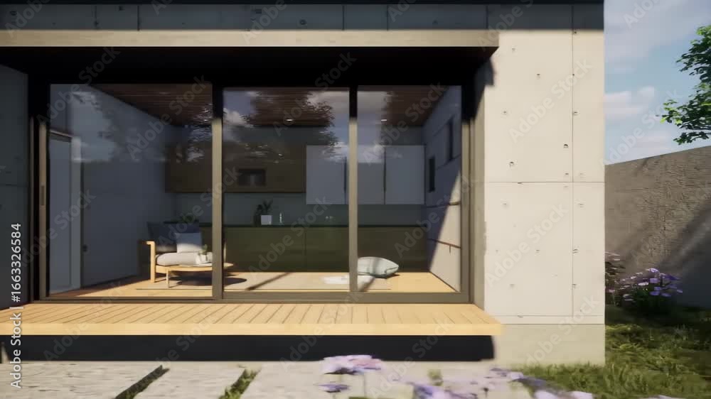 Modern Minimalist Home Exterior with Open Glass Doors Modern Minimalist Home Exterior with Open Glass Doors