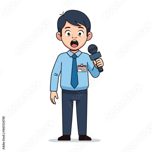 Shocking News Reporter: A journalist, clutching a microphone, delivers urgent news, capturing a moment of intense reporting in a captivating illustration.
