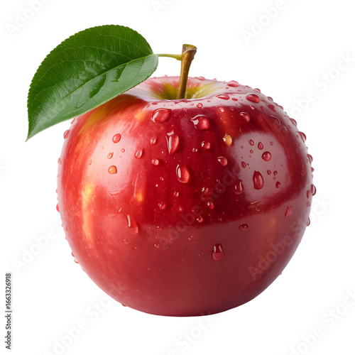 Crisp red apple with water droplets and a fresh green leaf, perfect for health and food concepts
