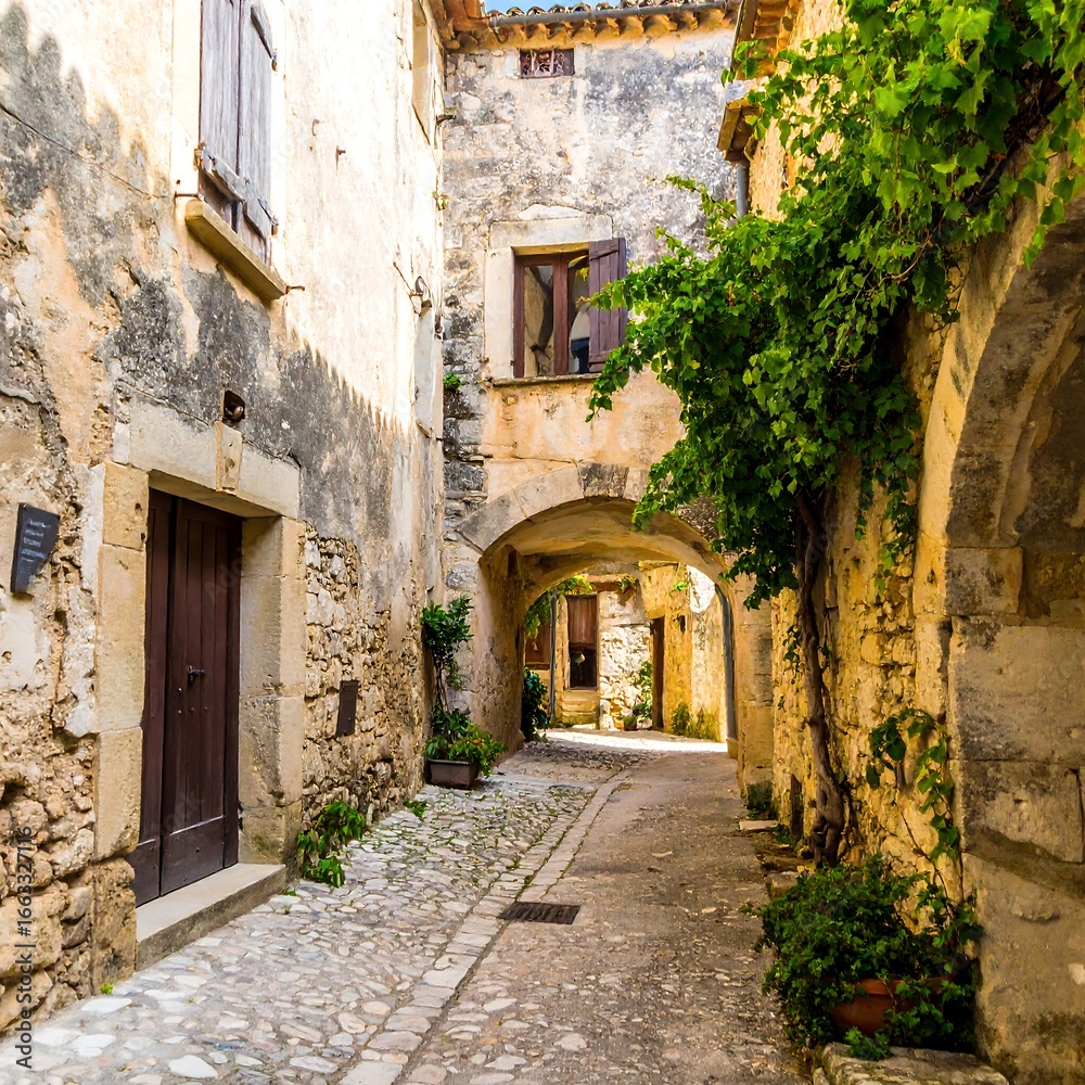 Fototapeta premium Charming alleyway, stone buildings, vibrant greenery