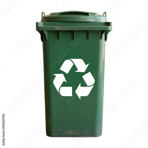 Green recycling bin with universal recycle symbol promotes eco-friendly waste management and sustainability efforts