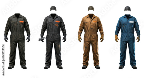 Selection of Four Different Color Work Coveralls on Transparent Background