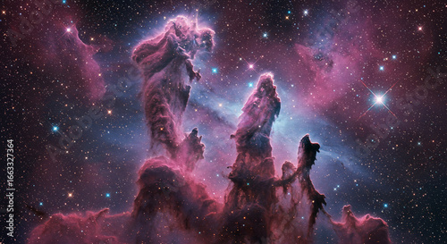 A breathtaking cosmic vista showcases towering pillars of gas and dust, illuminated by the radiant glow of newly formed stars, creating an awe-inspiring celestial spectacle.