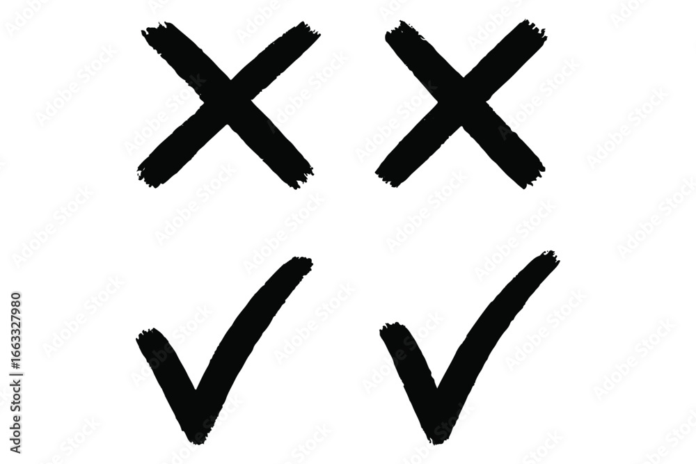 Obraz premium Grunge brush stroke checkmarks with tick and cross symbols. Green and re grunge style vector illustration of two checkbox icons. Green check mark and red cross icon set, circle and cross. Tick symbol
