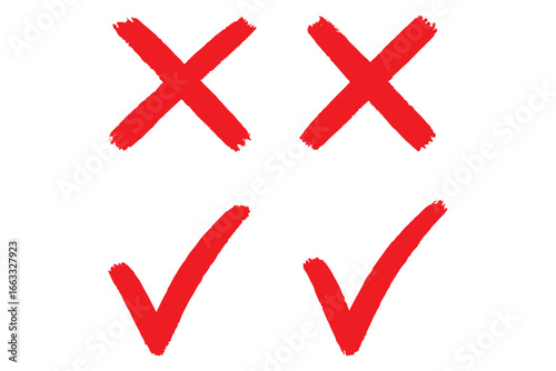 Grunge brush stroke checkmarks with tick and cross symbols. Green and re grunge style vector illustration of two checkbox icons. Green check mark and red cross icon set, circle and cross. Tick symbol