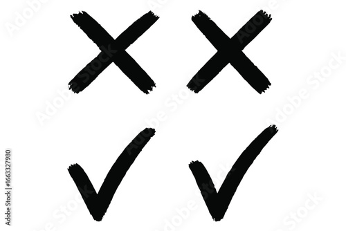 Grunge brush stroke checkmarks with tick and cross symbols. Green and re grunge style vector illustration of two checkbox icons. Green check mark and red cross icon set, circle and cross. Tick symbol