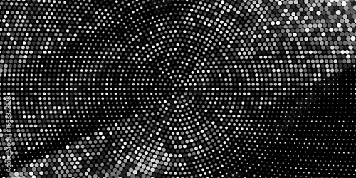 Halftone vector abstract background of circular dots. Texture of particles. Random maze, puzzle. Chaotic ornament. Circular pattern of point. Design of banner, poster website, frames social networks.