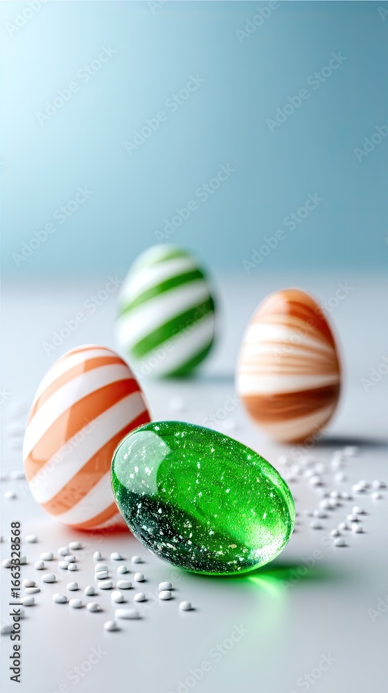 Fototapeta premium Pastel Striped Easter Eggs and Green Glittery Orb on White Surface