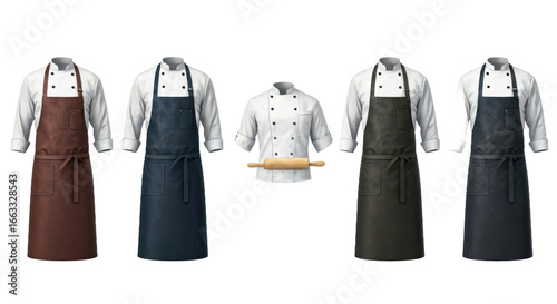 Variety of Chef Uniforms Featuring Different Colored Aprons and Rolling Pin