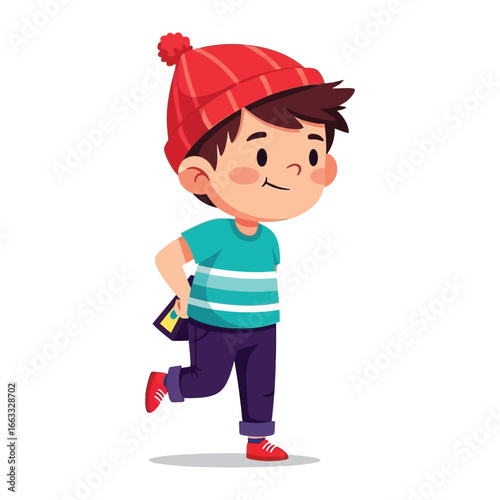 Joyful Toddler's Casual Walk: A cheerful toddler strolls in casual attire, with a vibrant red beanie and a happy demeanor, perfectly capturing childhood innocence and playful curiosity.