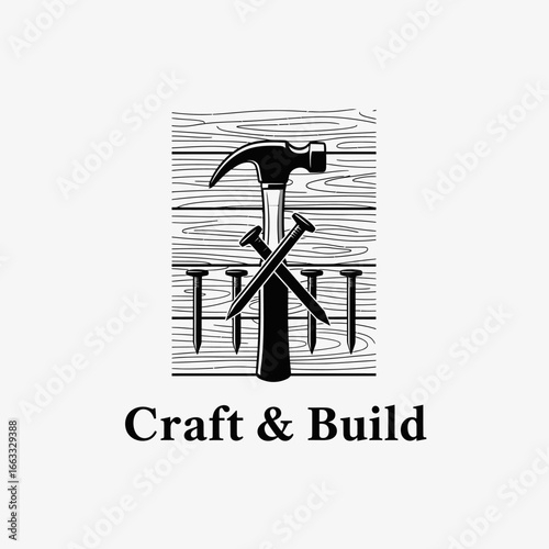 A black and white logo depicting a hammer and nails on wood.