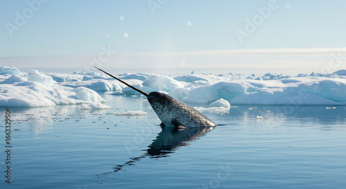 A majestic narwhal breaches the water's , showcasing its distinctive tusk against a backdrop of icy formations and a serene, pale blue sky, creating a stunning spectacle.