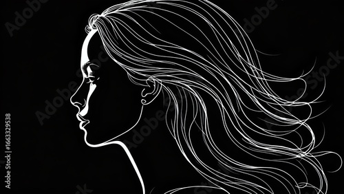 Elegant woman's profile silhouette with flowing hair, perfect for beauty, fashion, and design