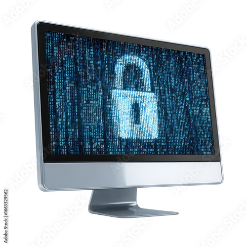 Computer screen with padlock and binary code