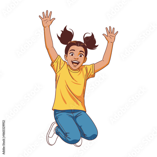 Joyful Leap: A young girl, brimming with exuberance and delight, soars mid-air in a playful jump, her arms raised in joyful celebration of childhood.