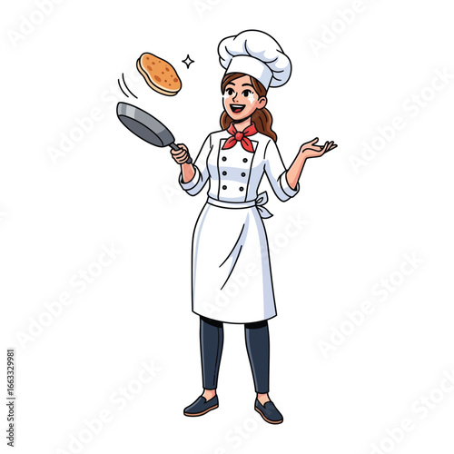Chef's Culinary Show: An illustration of a female chef, skillfully tossing a pancake high in the air, celebrating the artistry and joy of food preparation.