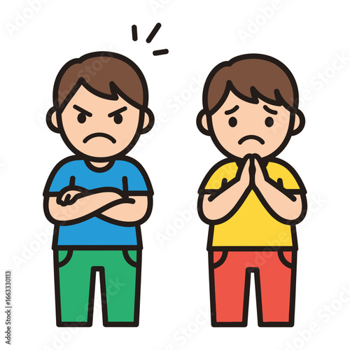 Angry and Apologetic: A split frame highlights two figures each embodying distinct emotions: anger and apology, illustrated through simplistic design. 