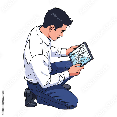 Digital Blueprint: An individual is deeply engrossed in a digital tablet, analyzing detailed technical diagrams with a focused and intent gaze.