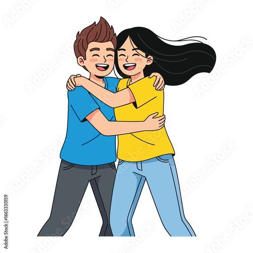 Best Friends' Embrace: A vibrant illustration captures a heartwarming moment of friendship, where a smiling pair share an intimate hug, evoking a sense of warmth, companionship and joy.