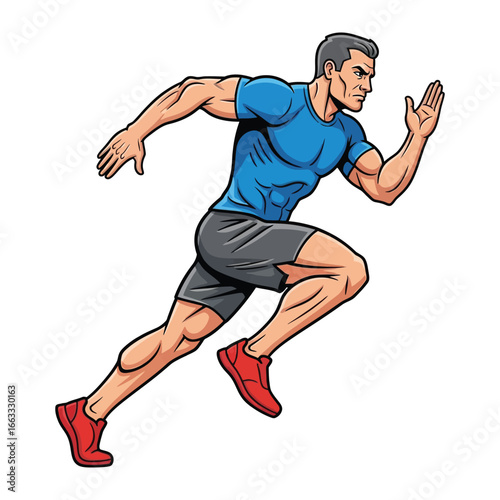 Energized Sprint: A dynamic illustration of a muscular man sprinting forward with determination, showcasing the power and speed associated with fitness.