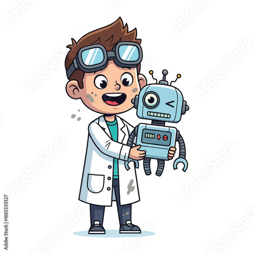 Young Inventor and Robot Friend: A bright young inventor with goggles, a lab coat, and a heart full of dreams, proudly holds a cheerful little robot, ready to spark imagination and inspire wonder. 
