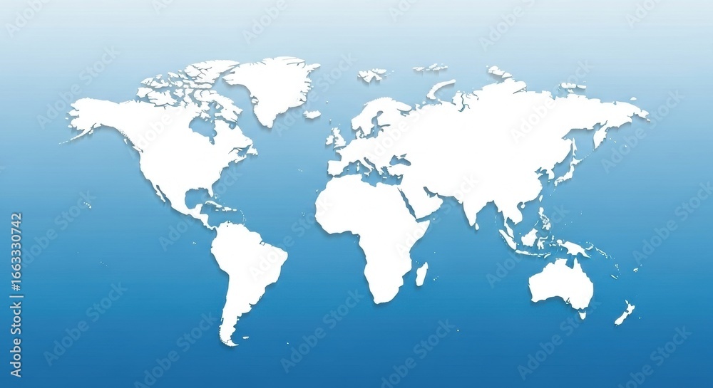 Obraz premium Clean White World Map on Gradient Blue Background with Subtle Shadow Effect