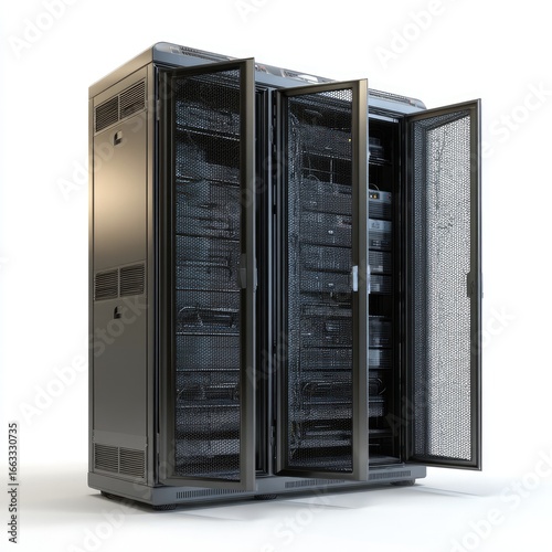 A large, dark-grey server rack with three open doors, revealing numerous internal components