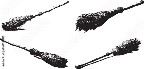 A hand-drawn witch's broom in the style of an engraving, on a white background, high contrast, vector illustration, hyper-realistic, hyper-detailed, photographic, raw photo, Octane render.eps