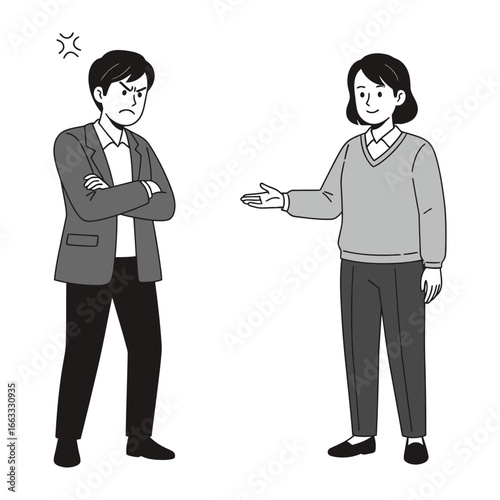 Conflict and Communication: A monochrome illustration captures a moment of workplace tension.