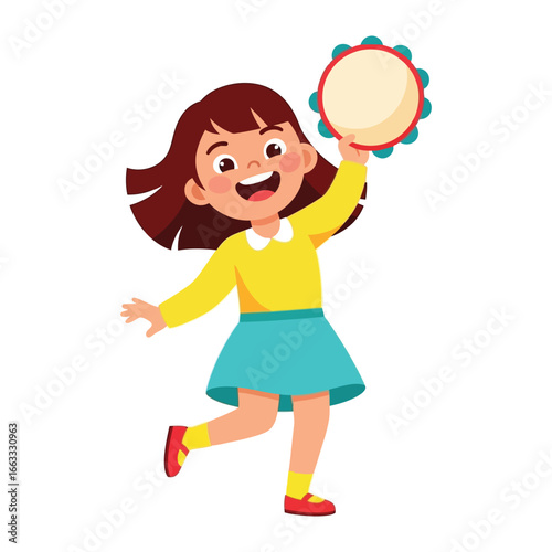 Joyful Rhythms: A cheerful girl playfully twirls, holding a tambourine aloft, exuding pure delight and the infectious joy of music.
