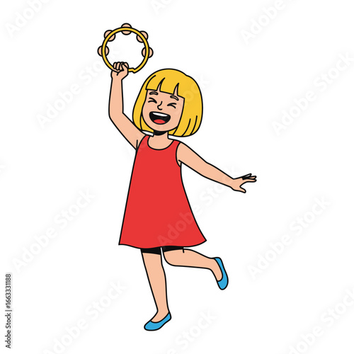  Joyful Girl with Tambourine: A young girl radiates pure joy and infectious energy as she raises a tambourine high, capturing a moment of pure, unadulterated happiness.