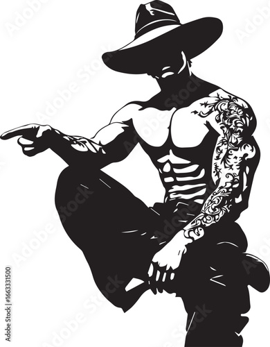 The Sentinel — black-and-white illustration of a muscular, shirtless figure in a wide-brimmed hat, seated and pointing with intent