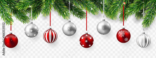 Border with green fir branches, stars, balls isolated on transparent background.	