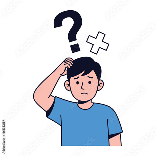 Man with a question mark: A person is illustrated with a question mark and other symbol to highlight their dilemma or confusion. capturing the mental processing and problem-solving journey.