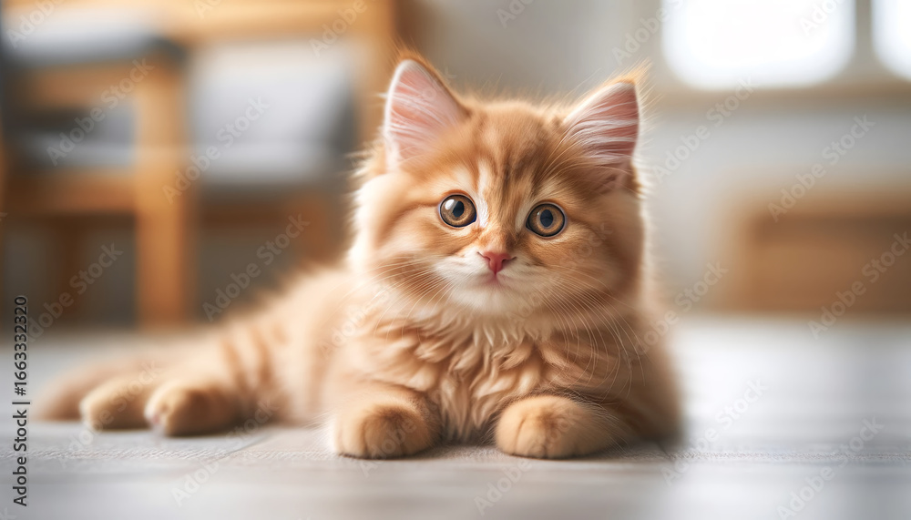 Ginger kitten with big eyes, lying on floor; soft natural light, shallow depth of field, creamy bokeh, clean negative space. 16:9 high-res hero for pet food branding, adoption, vet ads. Ginger kitten with big eyes, lying on floor; soft natural light, shallow depth of field, creamy bokeh, clean negative space. 16:9 high-res hero for pet food branding, adoption, vet ads.