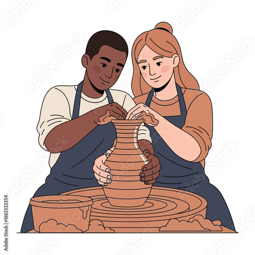 Artistic Partnership: Two individuals of diverse backgrounds find a shared creative outlet, collaborating on a pottery wheel and crafting a unique ceramic piece together.