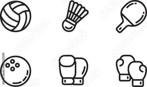 Collection of six sports equipment icons isolated on white background
