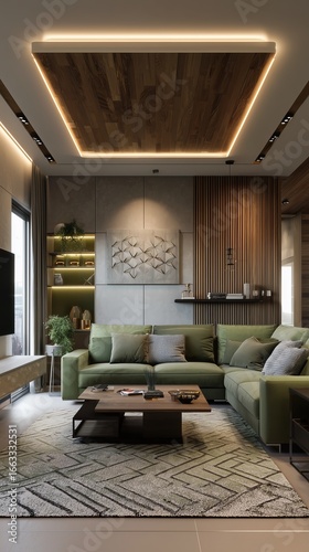 living room in an attractive middle class home with earthy green accents interior. Feature a niche in the ceiling that is lined with warm white LED strip lighting. 