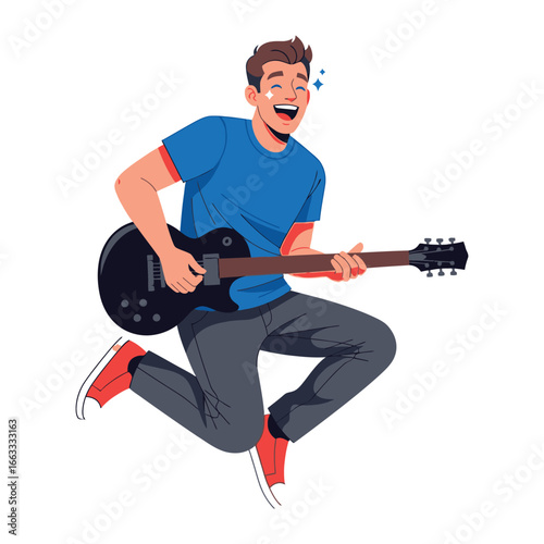 Electric Guitar Enthusiast: A dynamic young man, brimming with youthful energy, jumps with unbridled joy as he plays his electric guitar, embodying the vibrant spirit of music and creative expression.
