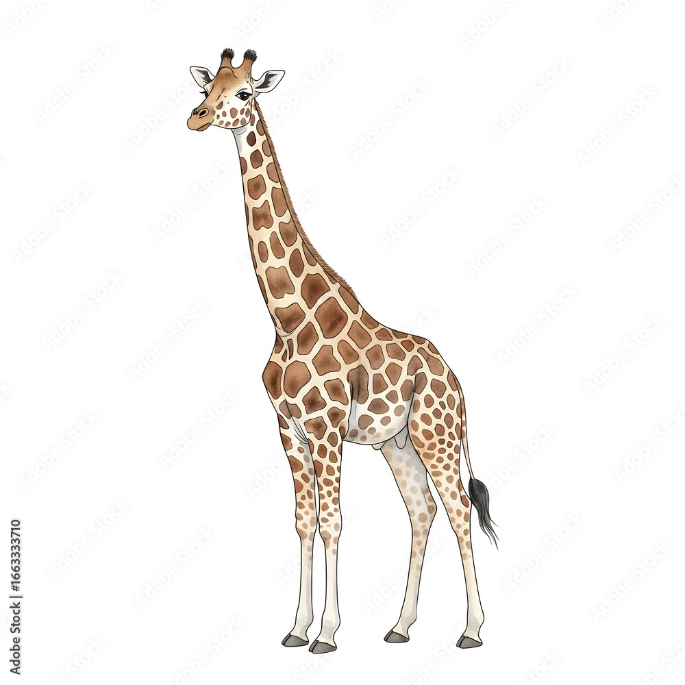Fototapeta premium Standing Giraffe Illustration African Wildlife Animal Portrait Tall Mammal Stock Image