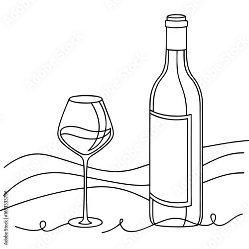 Wine Bottle and Glass Outline Minimal Line Art Vector PNG
