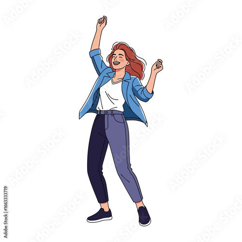 Joyful Gesture: A vector illustration of a woman in a state of happiness, with an energetic arm gesture. Expressing exhilaration and unbridled optimism in this stylish animated image.