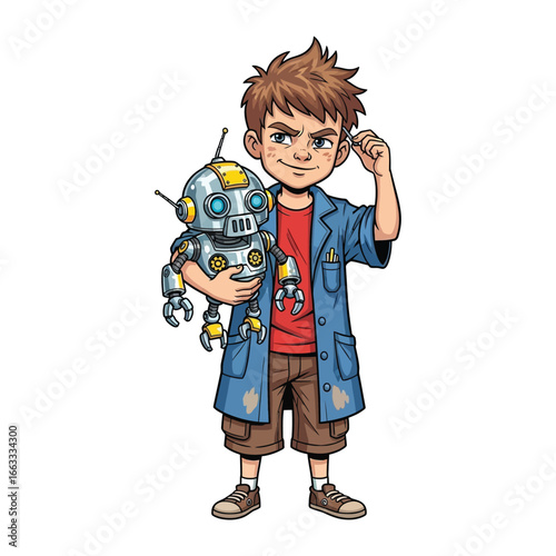 Young Inventor and Robot: A young inventor proudly holds his creation, a friendly robot companion, embodying the spirit of creativity and technological wonder. 